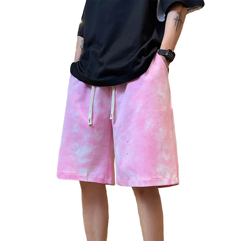 Hehope Y2k Tie-Dye Shorts for Men Summer Trend Straight Leg Sports Pants Hip Hop Drawstring Casual Beach Short Pants