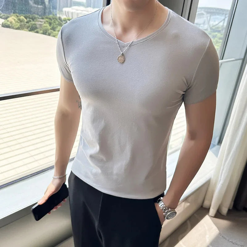 Hehope High Elastic Pure Cotton Slim Fit T Shirt for Men Summer New Solid Casual Short Sleeved T-shirt Tops Korean Men Clothing