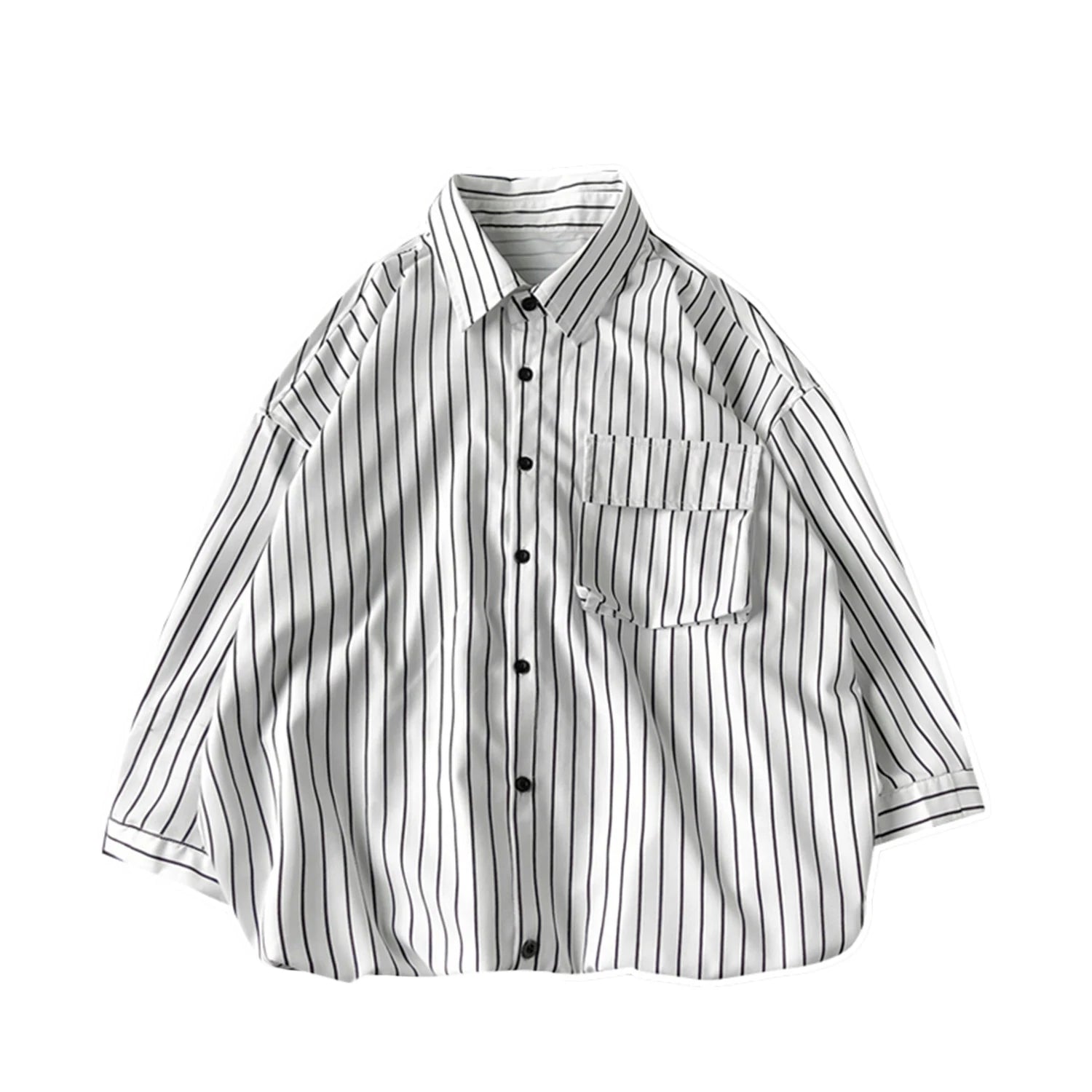 Hehope New Summer Striped Cargo Shirts Men Causal Three Quarter Sleeve Men's Oversized Japanese Vintage Loose Blouses