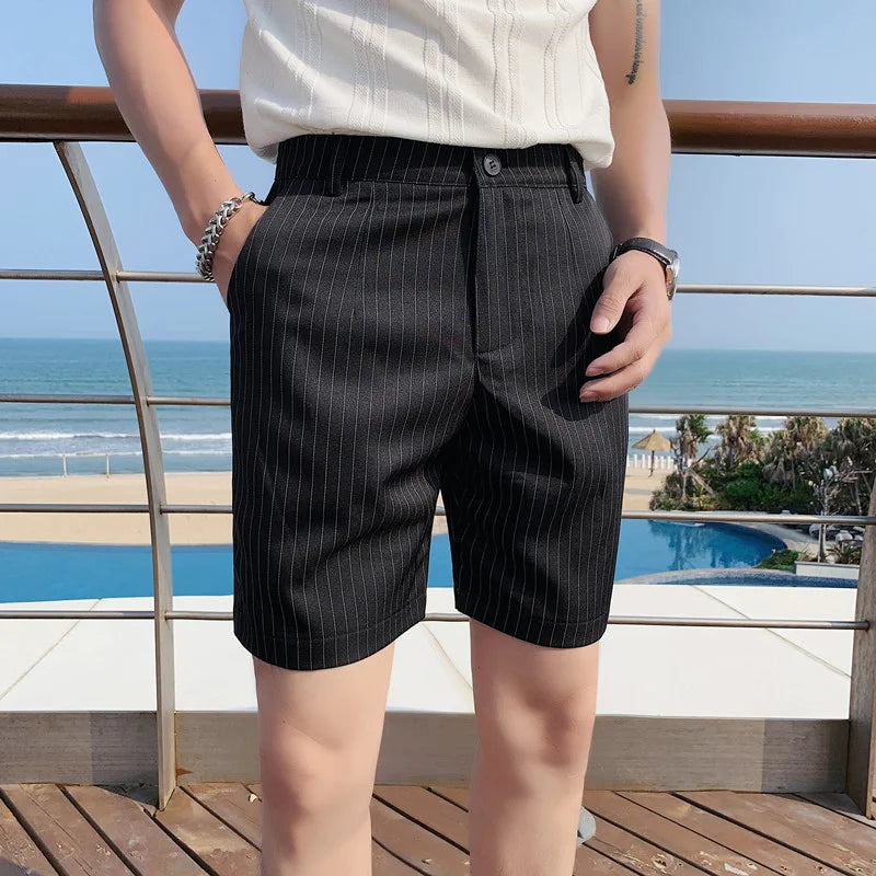 Hehope Mens Striped Shorts Summer British Style Slim Five-point Trousers High Quality Fashion Casual Trend Mens Clothing Shorts