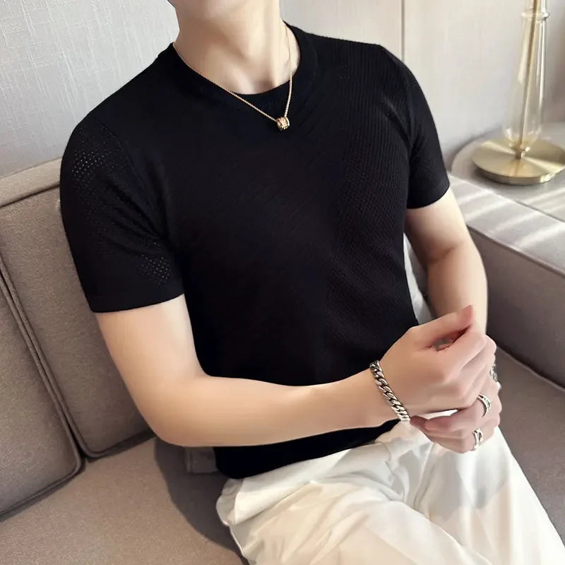 Hehope Men's Short Sleeve T-shirt Summer Thin High Elastic Slim Fit Knit Tee Shirts Tops O Neck  Solid Casual Fashion Men Clothing