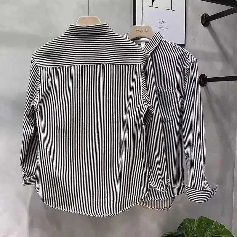 Hehope New Spring and Autumn Fashion Casual Loose Work Clothes Hong Kong Style Rash Handsome Polo Neck Stripe Long Sleeve Shirt