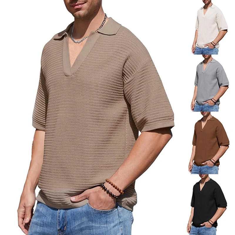 Hehope Fashion Loose Lapel Knit Polo Shirt Men Casual Hollow Out Breathable Knitted Tops For Mens Summer Leisure Turn-down Collar Shirt