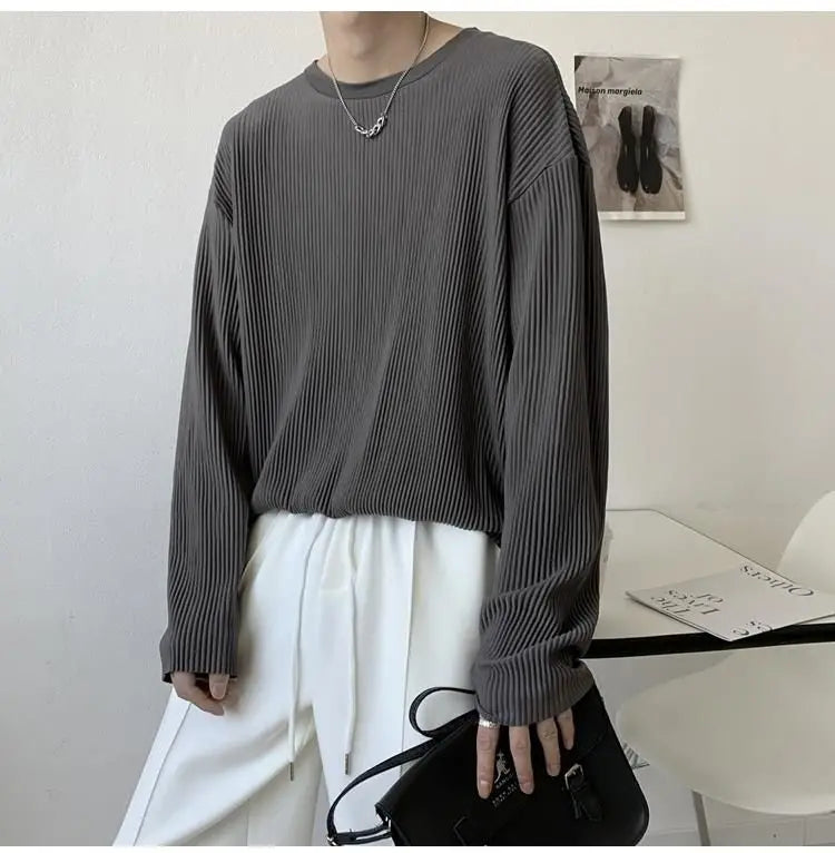 Hehope Autumn Pleated T-shirt for Men Solid Color Long Sleeves T Shirt Round Neck Ribbed Shirt Outwear Blouse Shirt