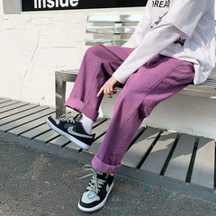 Hehope Autumn New Men Purple Baggy Jeans Korean Fashion Streetwear Wide Leg Pants Elastic Waist Straight Loose Denim trousers Male