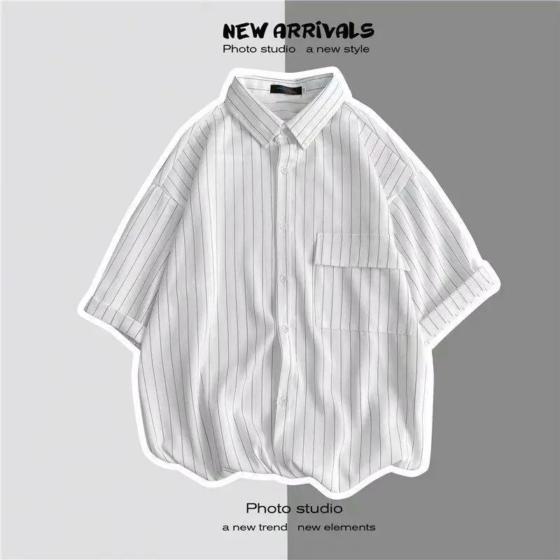 Hehope Summer New Fashion Turn-down Collar Short Sleeve Shirt Man High Street Vertical Stripe Single Breasted Personality Tops