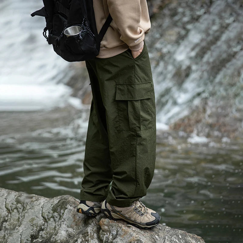 Hehope 2024 Autumn Casual Pants Men Waterproof  Thin Mid Waist Solid Color Men Cargo Pants Tourism Outdoors Riding Trousers