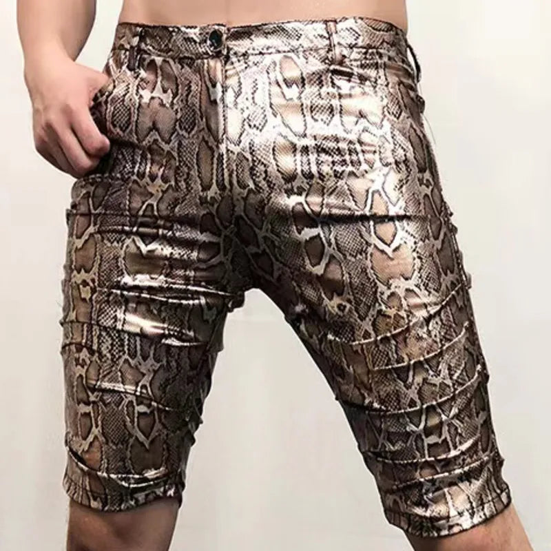 Hehope Gold Silver Snake Pattern Shinny Leather Shorts Men's Costumes Anti-bright PU Shorts Sexy Nightclub Elasticity Motorcycle Shorts