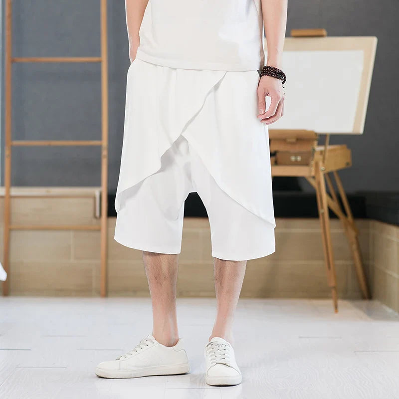 Hehope Summer Mens Baggy Shorts Layered Cross-pant Knee-length Short Pants Black White Thin Streetwear Hip Hop Oversize Casual Shorts