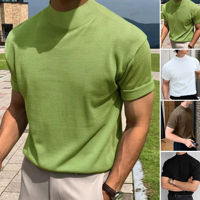 Hehope Pure Color Basic T-shirts Summer New Mens Short Sleeve Turtleneck Fashion T Shirt Men Clothing Streetwear Casual Bottom Tops Tee