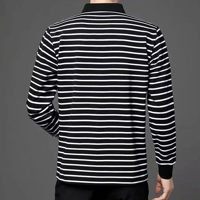 Hehope Men's Striped Long-sleeved T-shirt POLO Collar Spring/summer New Bottom Korean Version Slim Fitting Trend Stitching Button