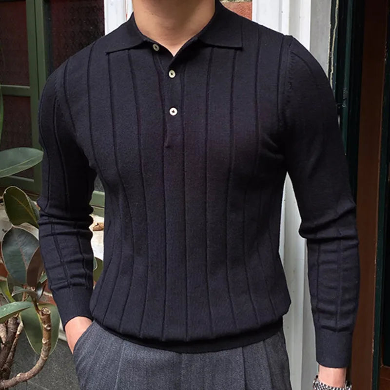 Hehope Autumn Casual Men's Knitted Sweater Striped Polo Shirt Men Mode Homme Lapel Polo T-shirt Men's Elastic Jacquard Business