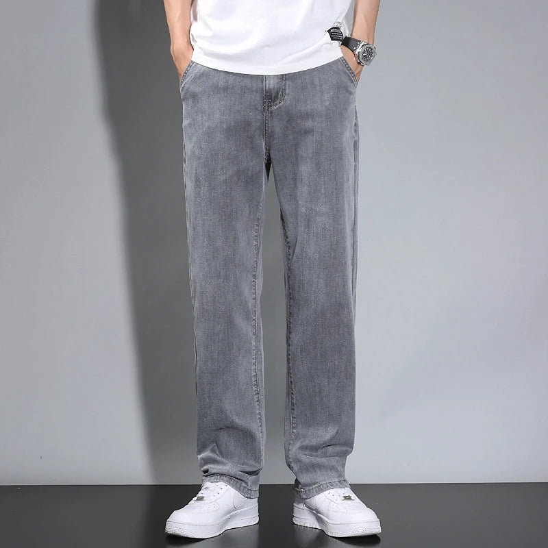 Hehope Summer Thin Men's Straight Loose Gray Jeans Soft Fabric Lyocell Fabric Light Colored Casual Pants Male Brand Trousers