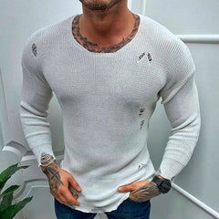 Hehope Men's Casual Tops Spring Summer Fashion Solid  knit Long Sleeve Torn Sweater Male Tees Holiday Streetwear Chic Shirts