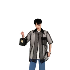 Hehope New Summer Half Sleeve Loose Mesh Sheer Shirt Men High Street Fashion Floral Mens Korean Designer Shirts for Men