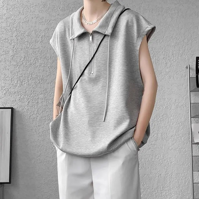 Hehope Elegant Fashion Harajuku Slim Fit Ropa Hombre Loose Casual All Match Tshirts Solid Zipper Lapel Collar Sleeveless Tank Tops