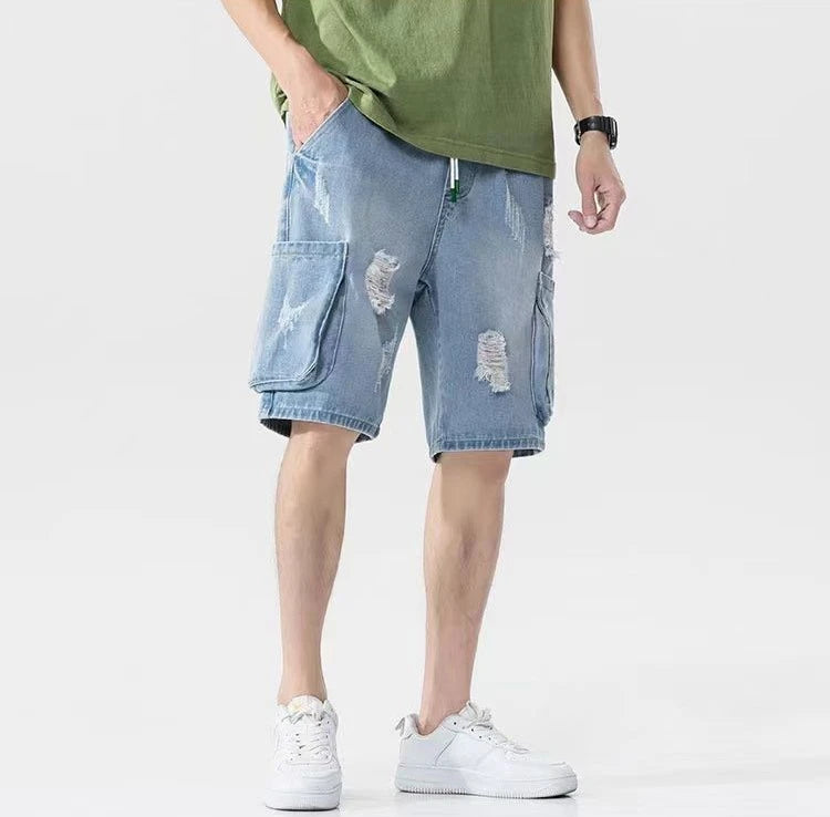 Hehope Gray Ripped Male Denim Shorts Korean Fashion Fitted Summer Y2k with Free Shipping Baggy Distressed Jorts Men's Short Jeans Pants