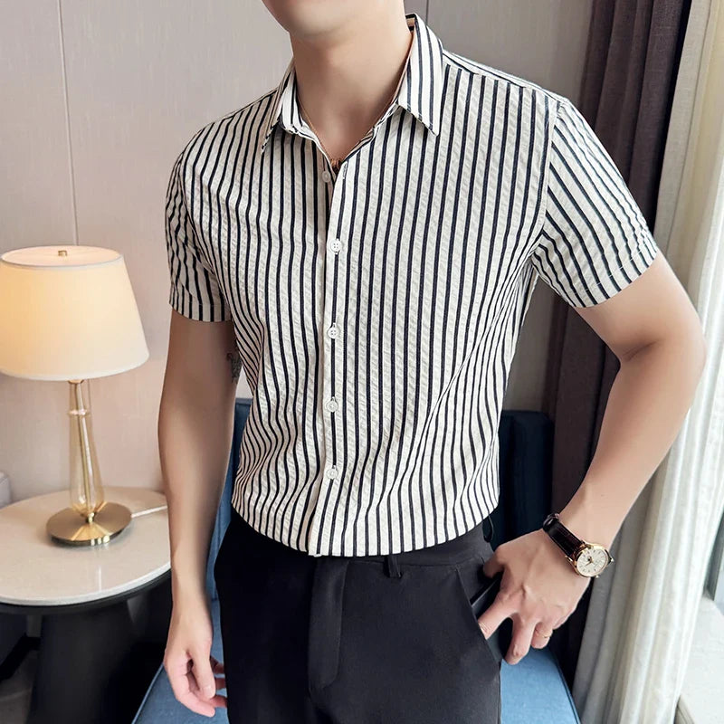 Hehope Men Striped Shirt 2024 Summer Light and Thin Breathable Sweat Absorbing Short Sleeved Slim Fit Casual Pleated Shirt Men clothing