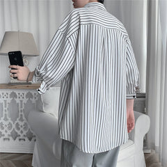 Hehope New Summer Striped Cargo Shirts Men Causal Three Quarter Sleeve Men's Oversized Japanese Vintage Loose Blouses