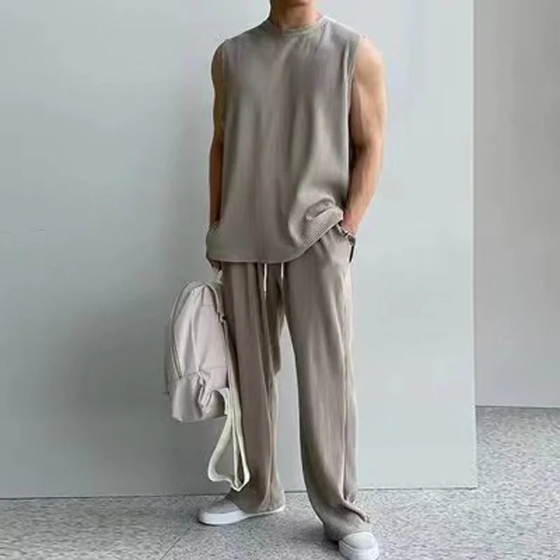 Hehope Fashion Solid Two Piece Suits Men‘s O-Neck Sleeveless Tops And Pants Outfits Men Summer New Casual Simplicity Solid Rib Sets