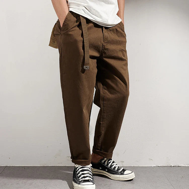 Hehope Japanese Casual Pants with Retro Loose Feet, Men's Fashionable Clothes Washed with Old Khaki Elastic Woven Nine-point Tapered Pa