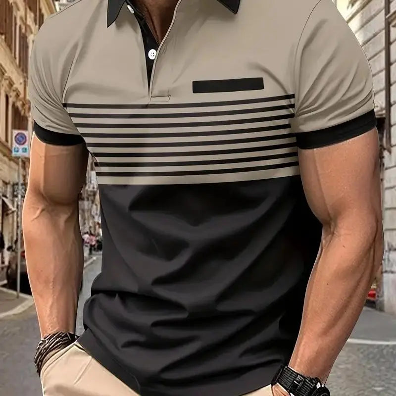 Hehope Summer New Casual Fashion Versatile Polo Shirt Men's Lapel Button Color Block Print Patchwork Striped Ventilate Long Sleeved Top