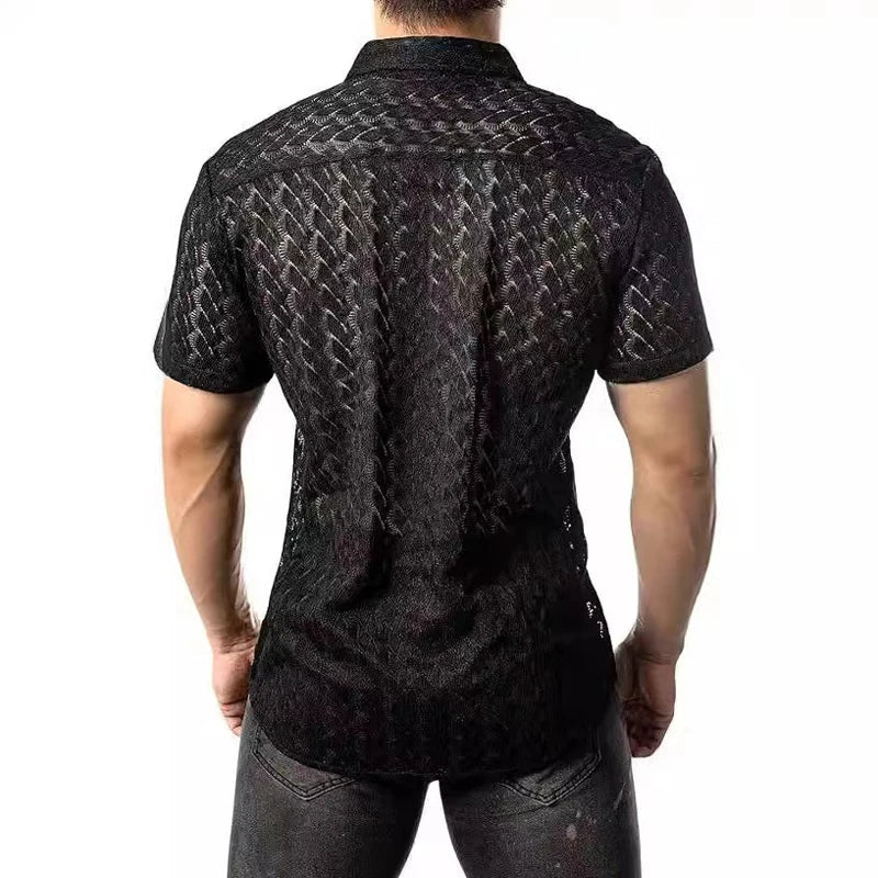 Hehope Fashion Summer New Men's Shirts Hollow-Out Lace Shirt Solid Geometric Patterns Lapel Perspective Short Sleeve Shirt For Male Top