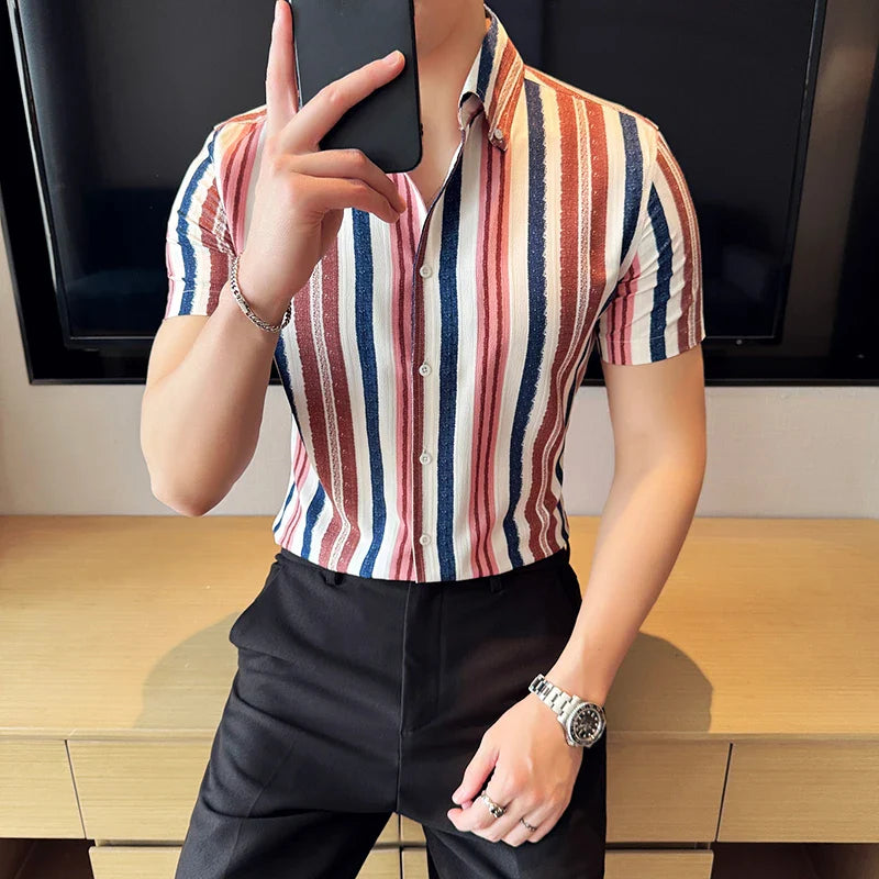 Hehope 2024 Summer Striped Shirts Men Slim Fit Casual Business Dress Shirts Fashion Social Party Tuxedo Blouse Streetwear Men Clothing