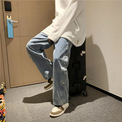 Hehope Jeans for Men Light Blue Male Cowboy Pants Button Straight Trousers with Pockets Designer Xs  Korean Autumn Wide Leg Style