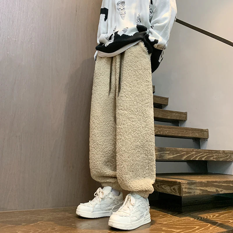 Hehope Winter Thickened Pants Men Warm Fashion Retro Lamb Wool Pants Men Oversized Streetwear Loose Straight Pants Mens Thick Trousers