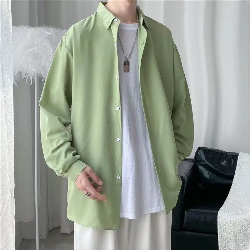 Hehope 2024 Spring and Summer Hong Kong Style Salt Solid Color Light Mature Style Top Minimalist Flip Collar Casual Loose Shirt for Men