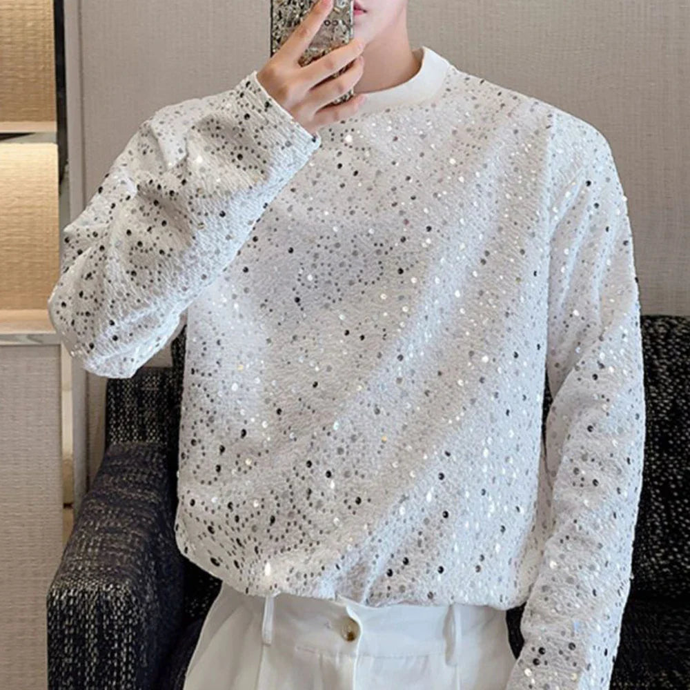 Hehope Mens Autumn Y2k Sequined Korean Style Loose Long-Sleeved T-Shirt Autumn Genderless Nightclub Personalized Fashion Tops Unisex