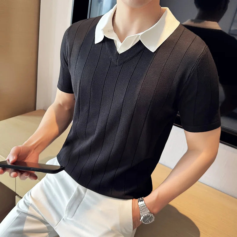 Hehope Korean Style Mens Knitted Polos Shirts Fake Two Piece Contrast Collar Striped Summer Short Sleeve Casual Slim Fit Tops Tees Man