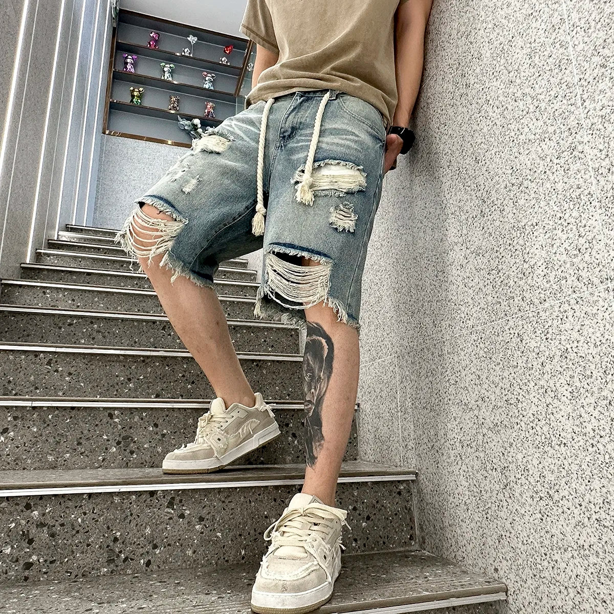 Hehope Men Summer Stretchy Denim Shorts Jeans for Men Streetwear Style Ripped Denim Shorts with High Stretch Knee Baggy Comfort Pants