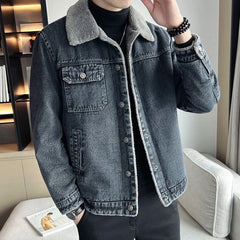 Hehope Denim Jackets Man Cargo Padded Gray Padding Wool Jeans Coat for Men Warm with Sheep of Fabric Korean Popular Clothes Washed Worn