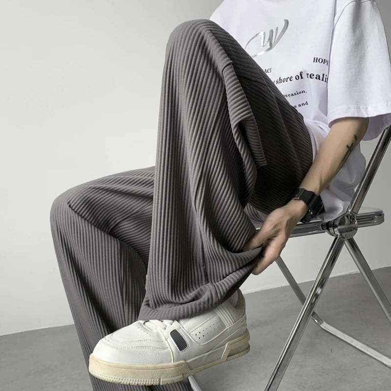 Hehope Summer Casual Pants Men Fashion Oversized Wide Leg Pants Men Trousers Streetwear Korean Loose Pleated Pants Mens Ice Silk Pants