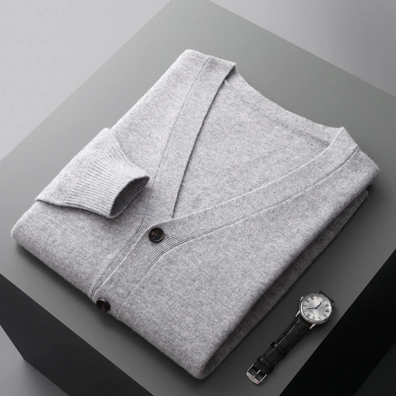 Hehope 100% Merino Wool Men's Cardigan Cashmere Sweater Autumn and Winter New Knitted Coat Solid Color Long Sleeve High Quality Coat