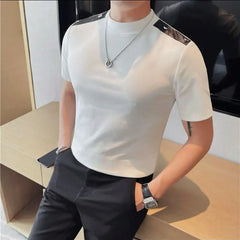 Hehope 2024 Summer New Round Neck T-shirt Fashion Shoulder Button Design Short Sleeved Slim Elastic Short Sleeved Casual Versatile Tee