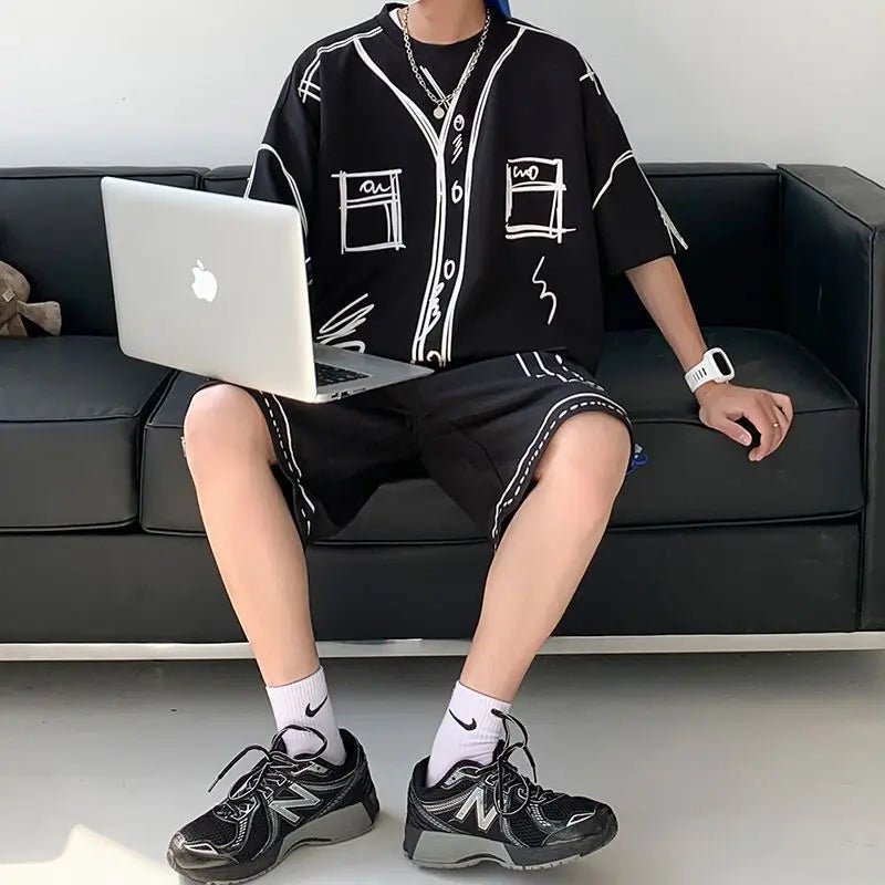 Hehope Summer Elegant Fashion Harajuku Slim Fit Ropa Hombre Loose Casual All Match Sports Suit Ice Shreds Short Sleeve Two Piece Set