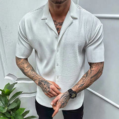 Hehope Leisure Solid Color Ribbed Shirts Men Clothes Fashion Short Sleeve Lapel Button Shirt 2023 Spring Summer Men's Casual Streetwear