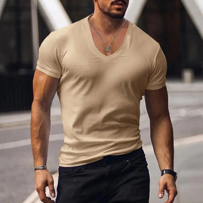 Hehope Summer Men V-neck Basic T-shirt Slim Solid Cotton Breathable Quick Dry Casual Sports Simple Versatile Bottoming Short Sleeve Top