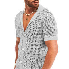 Hehope Sexy See Through Hollow Out Mesh Knit Two Piece Suits Men Summer Fashion Short Sleeve Shirts And Shorts Sets Mens Outfits Beach