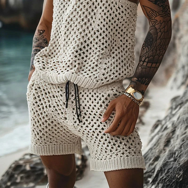 Hehope Male Hollow Out Beach Tracksuit 2024 Summer Casual Men Clothing Knitted Two Piece Set Short Sleeve O Neck Shirt And Shorts Suit