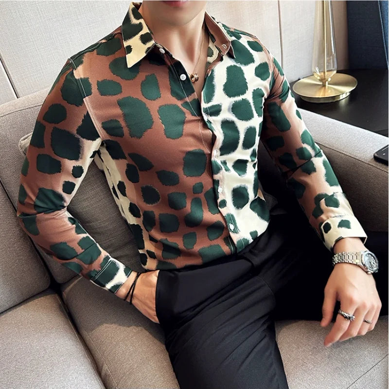 Hehope Fashion Leopard Print Shirt Autumn New Long Sleeve Slim Fit Casual Tuxedo Man Wedding Social Blouse Homme Plus Size 4XL-M