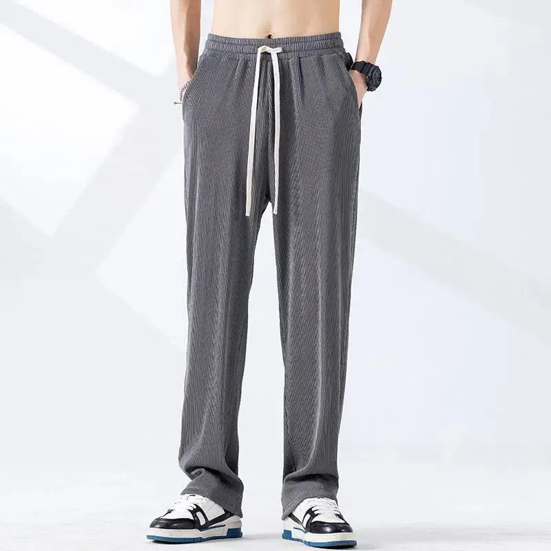 Hehope Summer Thin Trendy Loose Ice Silk Casual Straight Sports Pants Men's Solid Elastic Waist Pockets Drawstring Wide Leg Trousers