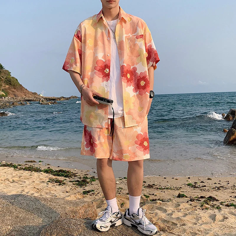 Hehope Summer Men Shorts Set Matching Shirts Letter Striped Floral Printing Outfits Short Sleeve Elastic Waist Thin Oversize Suit Man