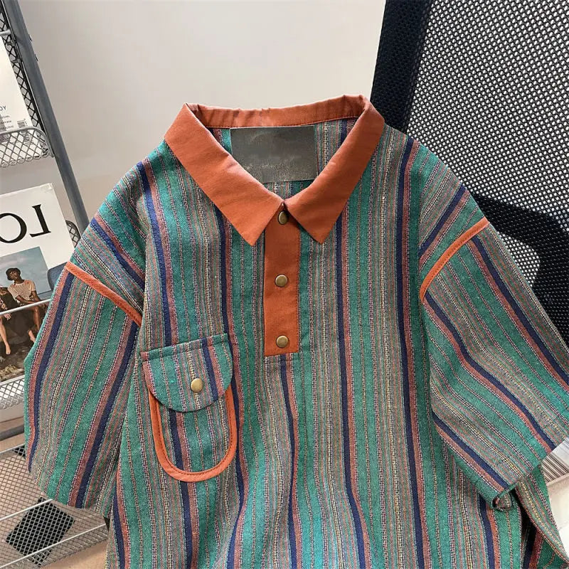 Hehope 2024 New Summer Hong Kong Style Niche Trendy Brand Casual Loose Oversized Lapel Contrasting Stripes Short Sleeved Polo Shirt Top