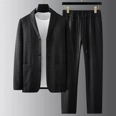 Hehope Spring Summer Men Blazer Suit Long Sleeve Solid Waffler Pleats Jacket Drawstring Pants Casual Korean Slim Fashion Two-piece Set