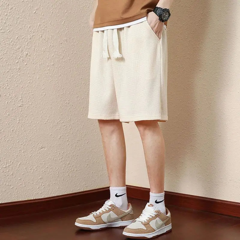 Hehope Summer Fashion Versatile Waffle Loose Casual Shorts Men Solid Elastic Waist Drawstring Pocket Breathable Thin Sport Short Pants