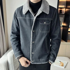 Hehope Denim Jackets Man Cargo Padded Gray Padding Wool Jeans Coat for Men Warm with Sheep of Fabric Korean Popular Clothes Washed Worn